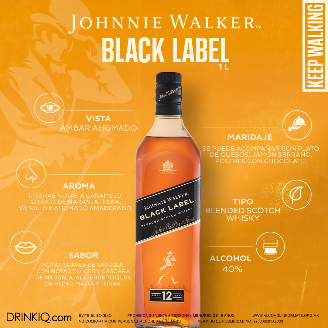 Johnnie Walker, Black Label, 1 L, Whisky Blended Scotch, Envejecido 12 Años, Sabor Dulce y Ahumado
