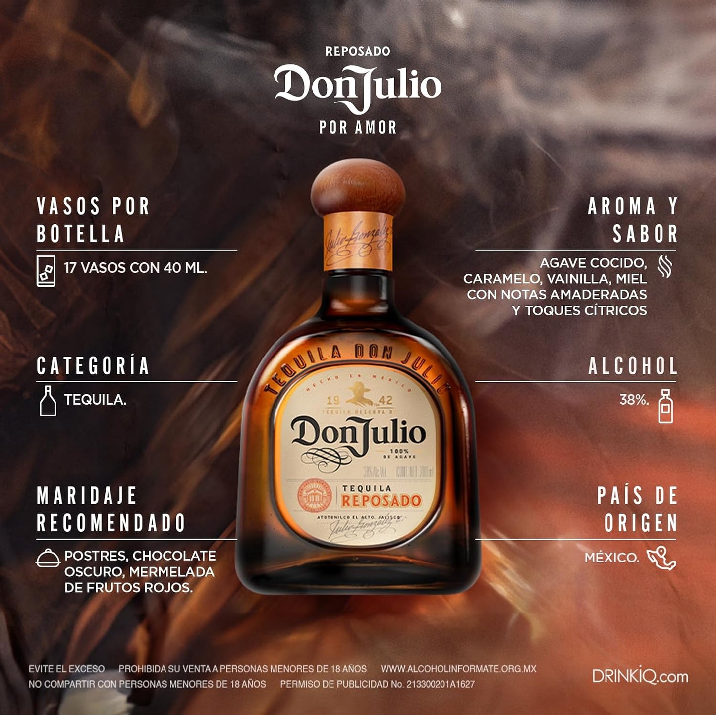 Don Julio, Tequila Reposado 700ml, Sedoso y Cálido, Sabor Suave, Notas Chocolate, Vainilla y Canela