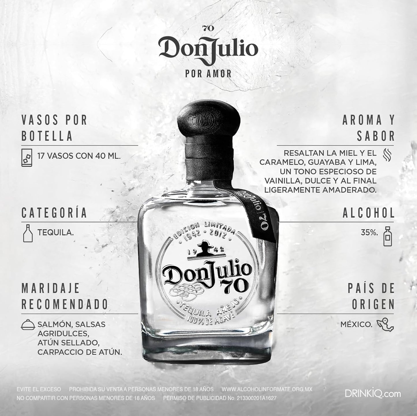 Don Julio, Tequila 70 Cristalino Añejo 700ml, Sabor Suave y Final Limpio, Barrica de Roble Blanco