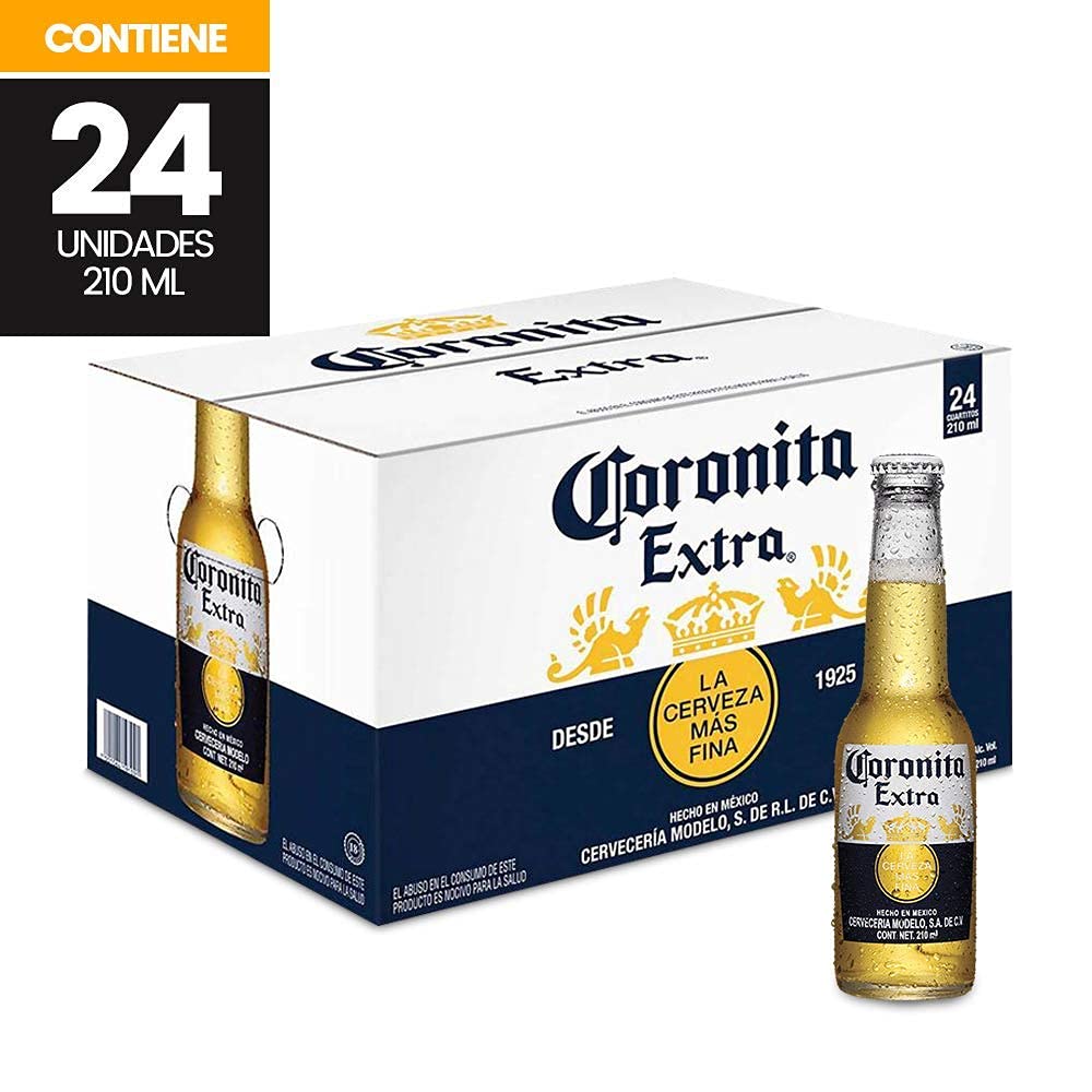Cerveza Clara Coronita Extra tipo Pilsener, 24 botellas de 210 ml, disfruta su auténtico sabor ligeramente amargo y Fresco, disfrútala fría
