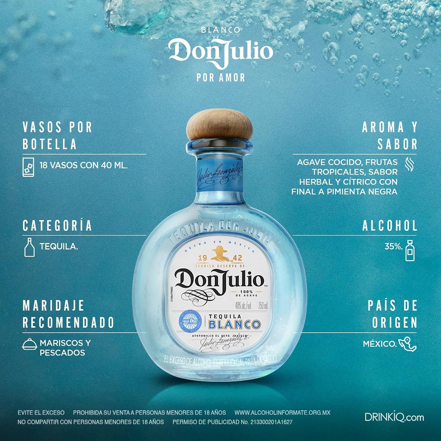 Don Julio, Tequila Blanco 700ml, Sabor Ligeramente Dulce a Agave, Notas Suaves, Limpio y Fresco